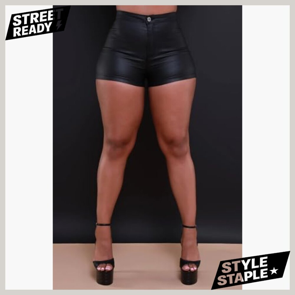 High Waist Faux Leather Shorts, Zipper Front, Stretchy PU Material - Picture 3 of 7